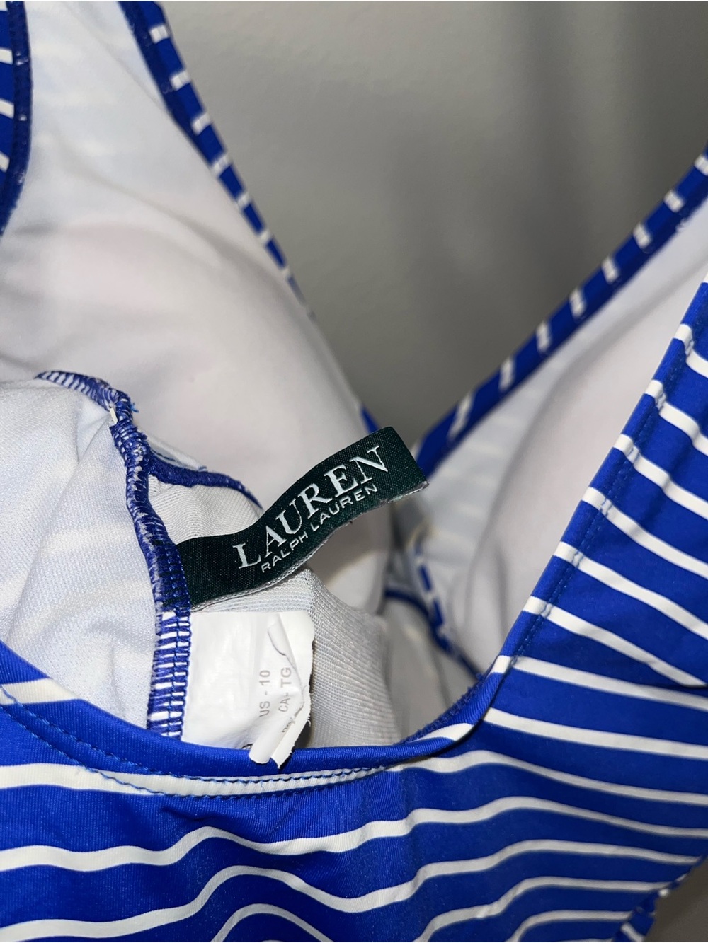 Lauren Ralph Lauren Blue/White Striped One-Piece Ruffled & Ruched Swimsuit Sz 10 - Picture 3 of 6